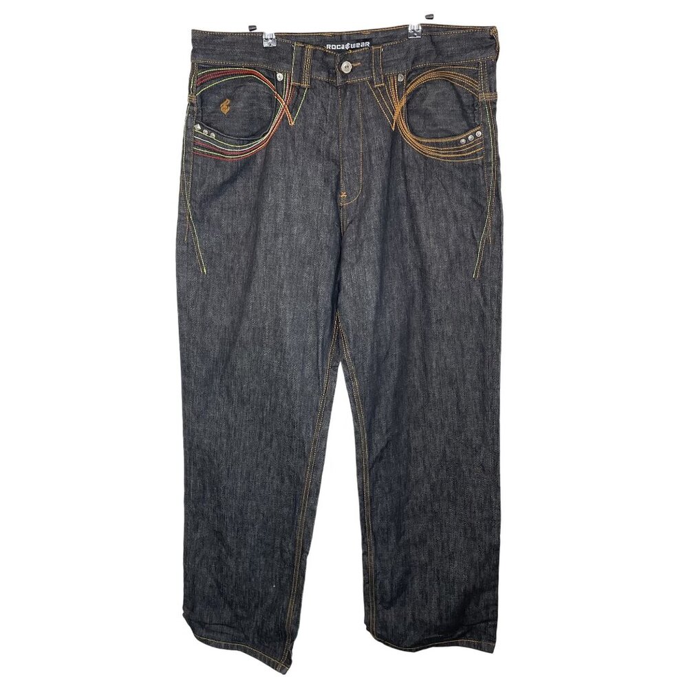 Rocawear Mens Black Denim Jeans W/ Colorful Stitching, 38